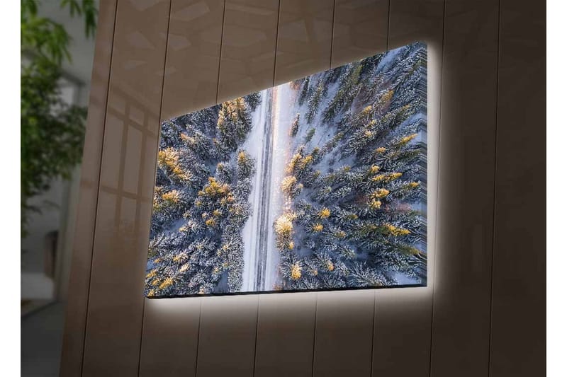 Lærredsbillede med LED-belysning - Vinterlandskab med snedækkede træer og en vej, der strækker sig gennem skoven - Grå / Grøn / Gul - Boligtilbehør - Billeder & kunst - Billeder på lærred