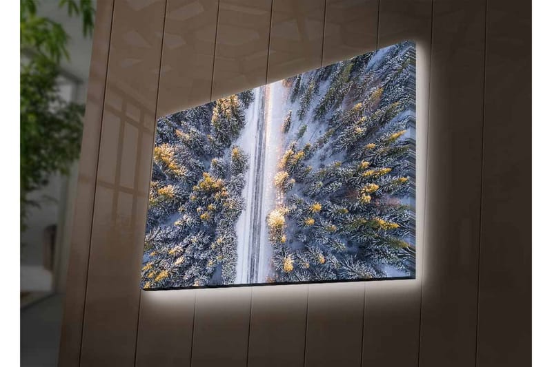 Lærredsbillede med LED-belysning - Vinterlandskab med snedækkede træer og en vej, der strækker sig gennem skoven - Grå / Grøn / Gul - Boligtilbehør - Billeder & kunst - Billeder på lærred