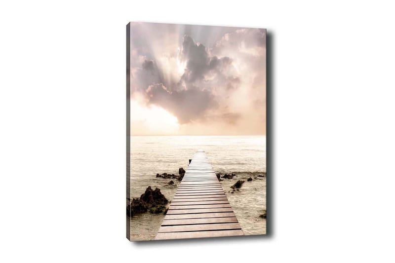 Lærredsbillede - Mole strækker sig ud over havet under en lys himmel, Lys pink / Beige / Grå