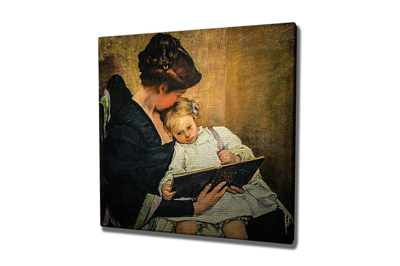 Lærredsbillede - Mor læser for sit barn, Mørkeblå / Beige / Hvid