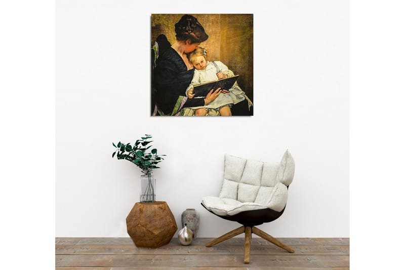 Lærredsbillede - Mor læser for sit barn - Mørkeblå / Beige / Hvid - Boligtilbehør - Billeder & kunst - Billeder på lærred