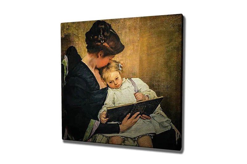 Lærredsbillede - Mor læser for sit barn, Mørkeblå / Beige / Hvid