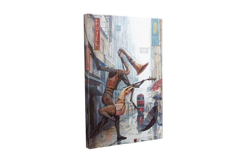 Lærredsbillede - Musikalske figurer danser i regnen på en gade, Rød / Brun / Grå