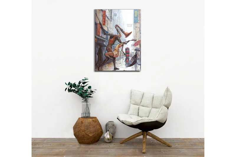 Lærredsbillede - Musikalske figurer danser i regnen på en gade - Rød / Brun / Grå - Boligtilbehør - Billeder & kunst - Billeder på lærred