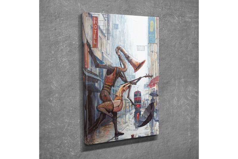 Lærredsbillede - Musikalske figurer danser i regnen på en gade - Rød / Brun / Grå - Boligtilbehør - Billeder & kunst - Billeder på lærred