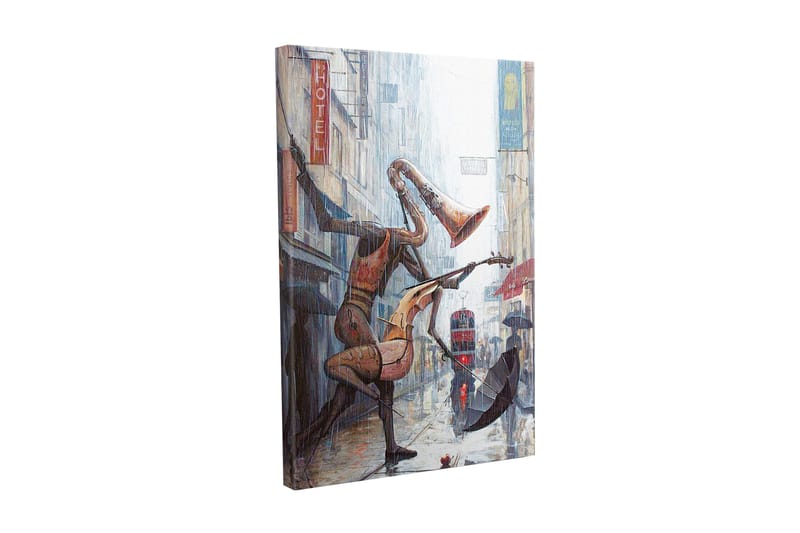 Lærredsbillede - Musikalske figurer danser i regnen på en gade, Rød / Brun / Grå