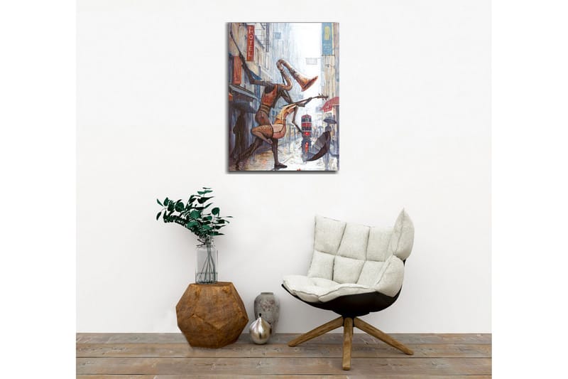 Lærredsbillede - Musikalske figurer danser i regnen på en gade - Rød / Brun / Grå - Boligtilbehør - Billeder & kunst - Billeder på lærred