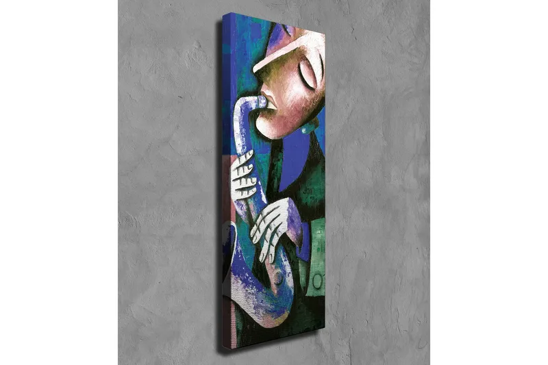 Lærredsbillede - Musiker spiller saxofon med udtryksfulde træk - Mørkeblå / Grøn / Hvid - Boligtilbehør - Billeder & kunst - Billeder på lærred