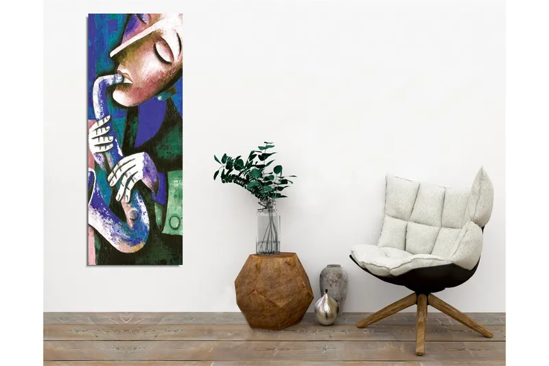 Lærredsbillede - Musiker spiller saxofon med udtryksfulde træk - Mørkeblå / Grøn / Hvid - Boligtilbehør - Billeder & kunst - Billeder på lærred