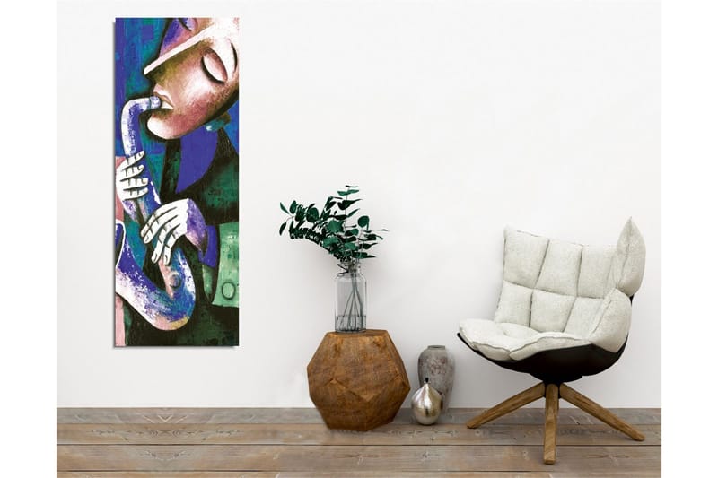 Lærredsbillede - Musiker spiller saxofon med udtryksfulde træk - Mørkeblå / Grøn / Hvid - Boligtilbehør - Billeder & kunst - Billeder på lærred