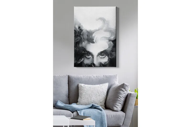 Lærredsbillede - Mystisk ansigt med intense øjne i en tåget komposition - Sort / Grå / Hvid - Boligtilbehør - Billeder & kunst - Billeder på lærred