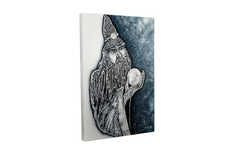 Lærredsbillede - Mystisk figur med langt skæg og krystalkugle, Mørkeblå / Sort / Hvid