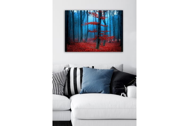 Lærredsbillede - Mystisk skov med røde træer i tåge - Rød / Blå / Grå - Boligtilbehør - Billeder & kunst - Billeder på lærred