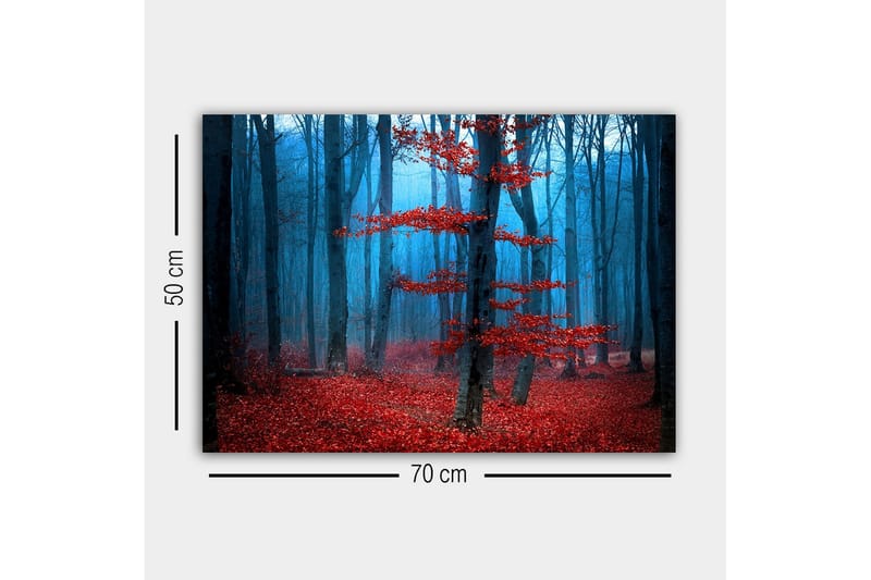 Lærredsbillede - Mystisk skov med røde træer i tåge - Rød / Blå / Grå - Boligtilbehør - Billeder & kunst - Billeder på lærred