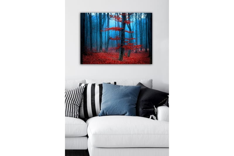 Lærredsbillede - Mystisk skov med røde træer i tåge - Rød / Blå / Grå - Boligtilbehør - Billeder & kunst - Billeder på lærred