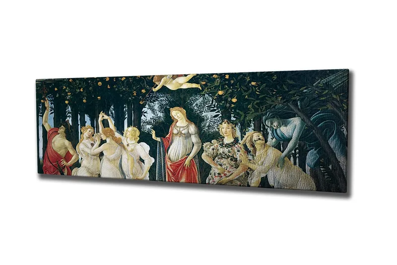 Lærredsbillede - Mytologisk scene med kvindelige figurer i en frugtplantage, Grøn / Hudfarve / Rød