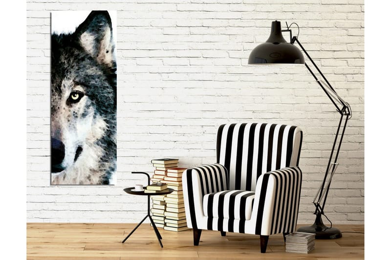 Lærredsbillede - Nærbillede af en ulves ansigt med intense øjne - Grå / Sort / Hvid - Boligtilbehør - Billeder & kunst - Billeder på lærred