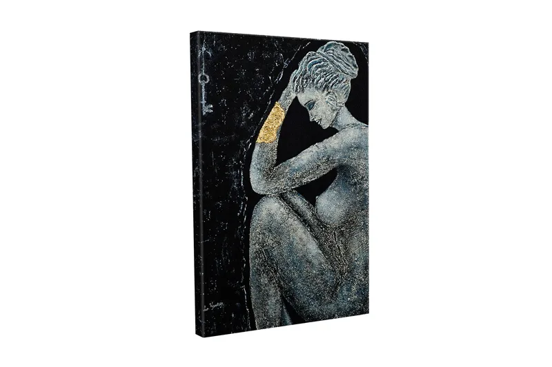 Lærredsbillede - Nøgen kvinde i en eftertænksom positur med en gylden detalje på armen, Sort / Grå / Guld