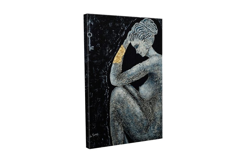 Lærredsbillede - Nøgen kvinde i en eftertænksom positur med en gylden detalje på armen, Sort / Grå / Guld