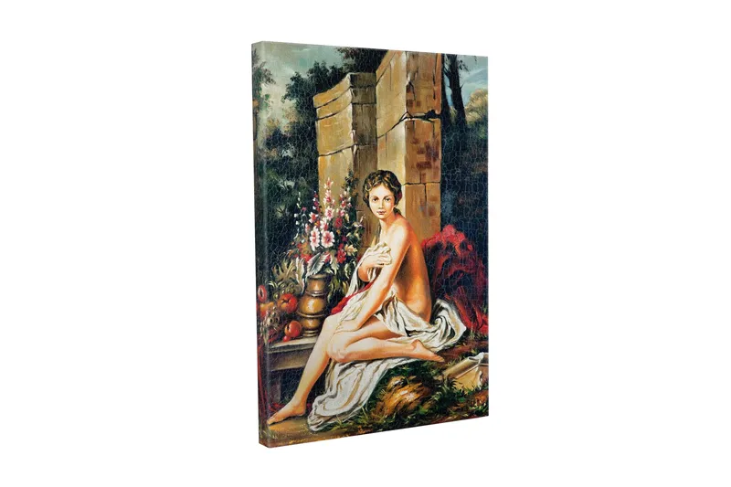Lærredsbillede - Nøgen kvinde sidder med en blomsterbuket og en potte, Hudtone / Grøn / Rød