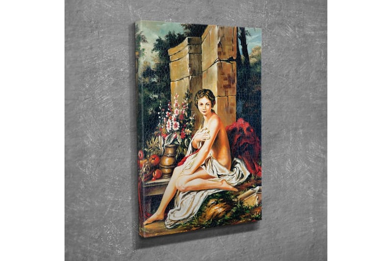 Lærredsbillede - Nøgen kvinde sidder med en blomsterbuket og en potte - Hudtone / Grøn / Rød - Boligtilbehør - Billeder & kunst - Billeder på lærred