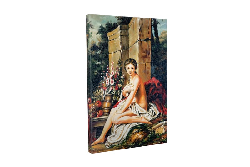 Lærredsbillede - Nøgen kvinde sidder med en blomsterbuket og en potte, Hudtone / Grøn / Rød