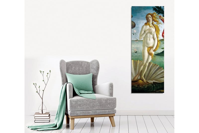 Lærredsbillede - Nøgen kvinde stående på en muslingeskal ved havet - Lyseblå / Hudfarvet / Grøn - Boligtilbehør - Billeder & kunst - Billeder på lærred