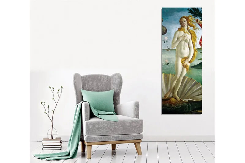 Lærredsbillede - Nøgen kvinde stående på en muslingeskal ved havet - Lyseblå / Hudfarvet / Grøn - Boligtilbehør - Billeder & kunst - Billeder på lærred