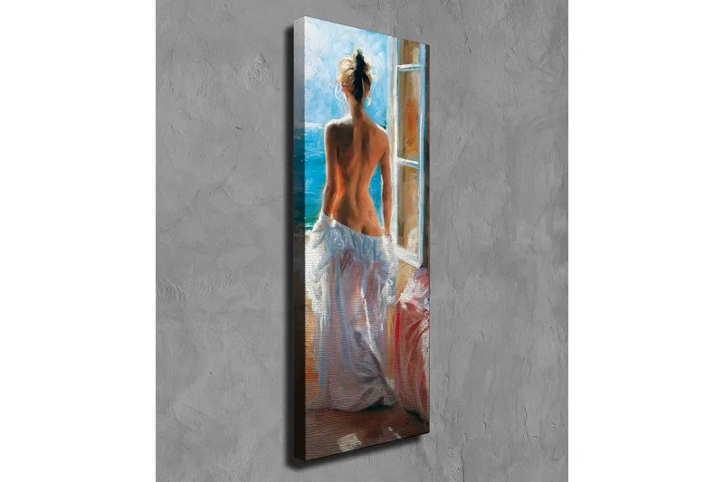 Lærredsbillede - Nøgen kvinde står ved et vindue med udsigt over havet - Blå / Hvid / Beige - Boligtilbehør - Billeder & kunst - Billeder på lærred