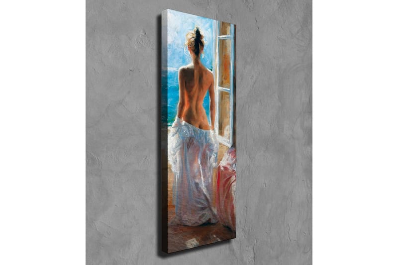 Lærredsbillede - Nøgen kvinde står ved et vindue med udsigt over havet - Blå / Hvid / Beige - Boligtilbehør - Billeder & kunst - Billeder på lærred