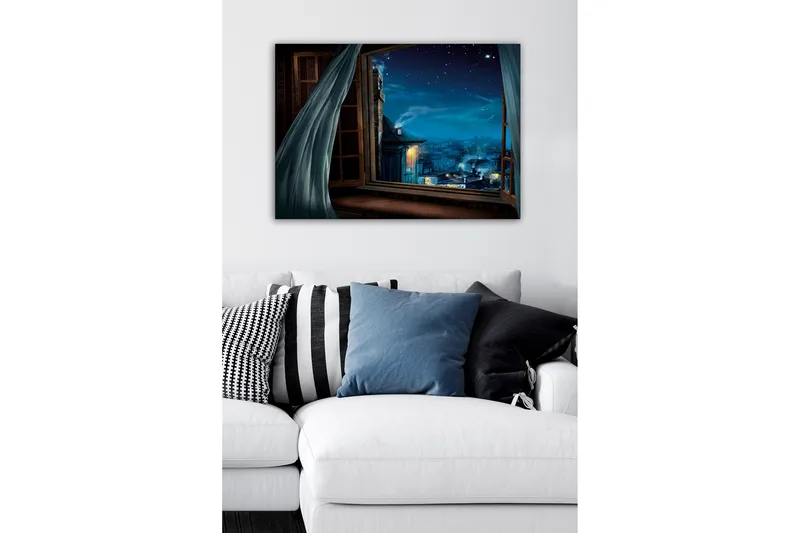 Lærredsbillede - Natudsigt gennem et åbent vindue med stjerner og bylys - Mørkeblå / Lyseblå / Grå - Boligtilbehør - Billeder & kunst - Billeder på lærred