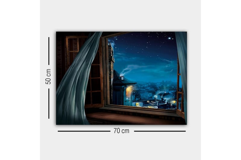 Lærredsbillede - Natudsigt gennem et åbent vindue med stjerner og bylys - Mørkeblå / Lyseblå / Grå - Boligtilbehør - Billeder & kunst - Billeder på lærred