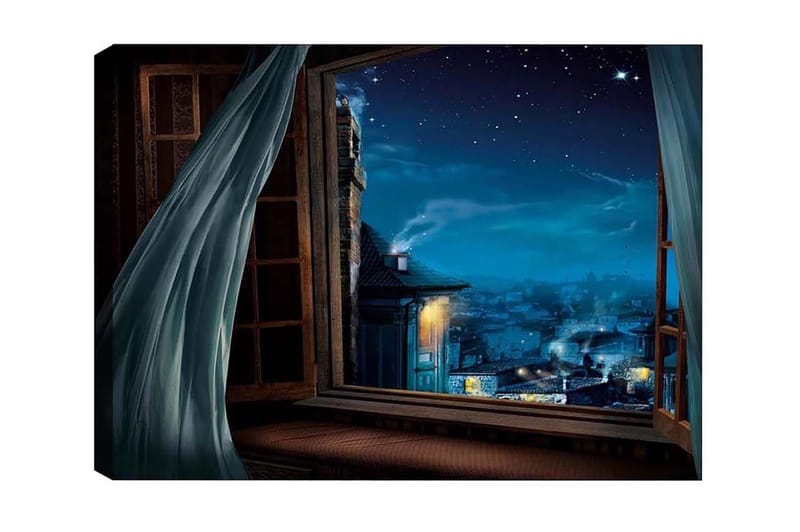Lærredsbillede - Natudsigt gennem et åbent vindue med stjerner og bylys, Mørkeblå / Lyseblå / Grå