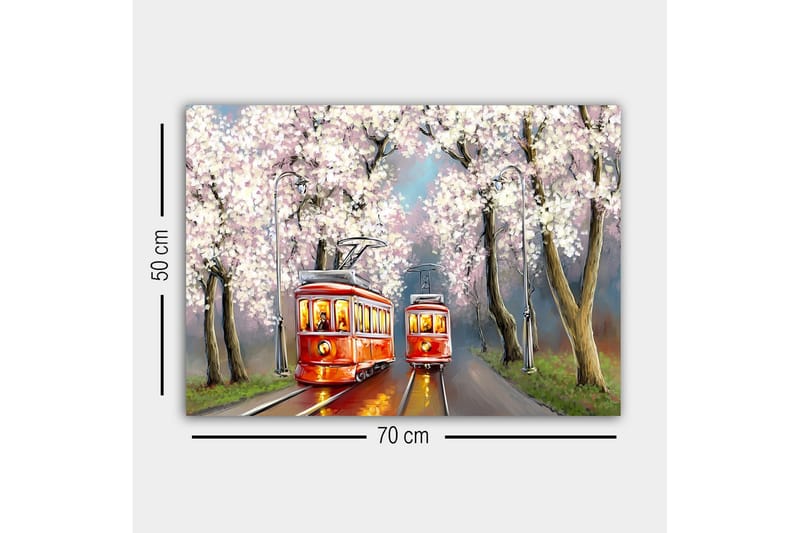 Lærredsbillede - Røde sporvogne under blomstrende kirsebærtræer - Rød / Pink / Grøn - Boligtilbehør - Billeder & kunst - Billeder på lærred
