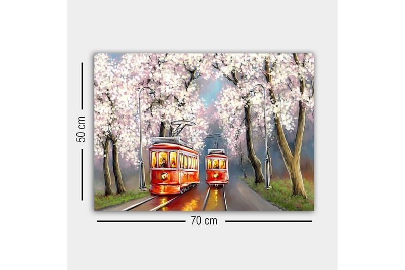 Lærredsbillede - Røde sporvogne under blomstrende kirsebærtræer - Rød / Pink / Grøn - Boligtilbehør - Billeder & kunst - Billeder på lærred
