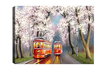 Lærredsbillede - Røde sporvogne under blomstrende kirsebærtræer - Rød / Pink / Grøn - Boligtilbehør - Billeder & kunst - Billeder på lærred