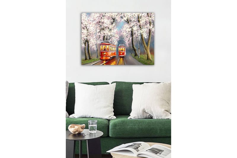 Lærredsbillede - Røde sporvogne under blomstrende kirsebærtræer - Rød / Pink / Grøn - Boligtilbehør - Billeder & kunst - Billeder på lærred