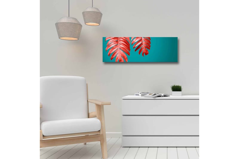 Lærredsbillede - Røde palmeblade mod en turkis baggrund - Rød / Turkis - Boligtilbehør - Billeder & kunst - Billeder på lærred