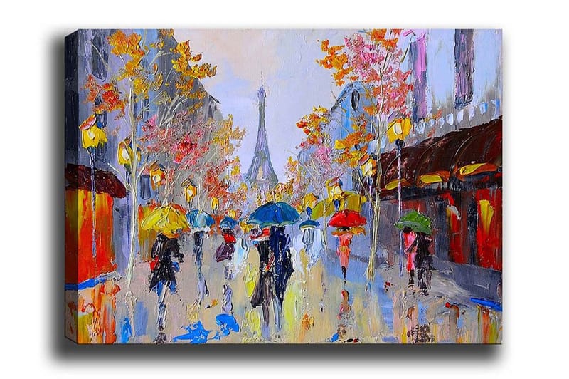 Lærredsbillede - Regnfuld gadescene med mennesker under paraplyer i et bymiljø, Gul / Rød / Blå