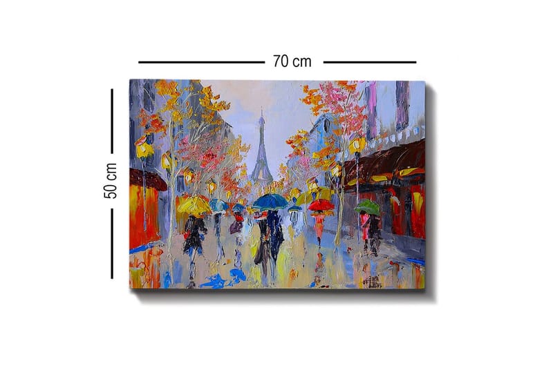 Lærredsbillede - Regnfuld gadescene med mennesker under paraplyer i et bymiljø - Gul / Rød / Blå - Boligtilbehør - Billeder & kunst - Billeder på lærred