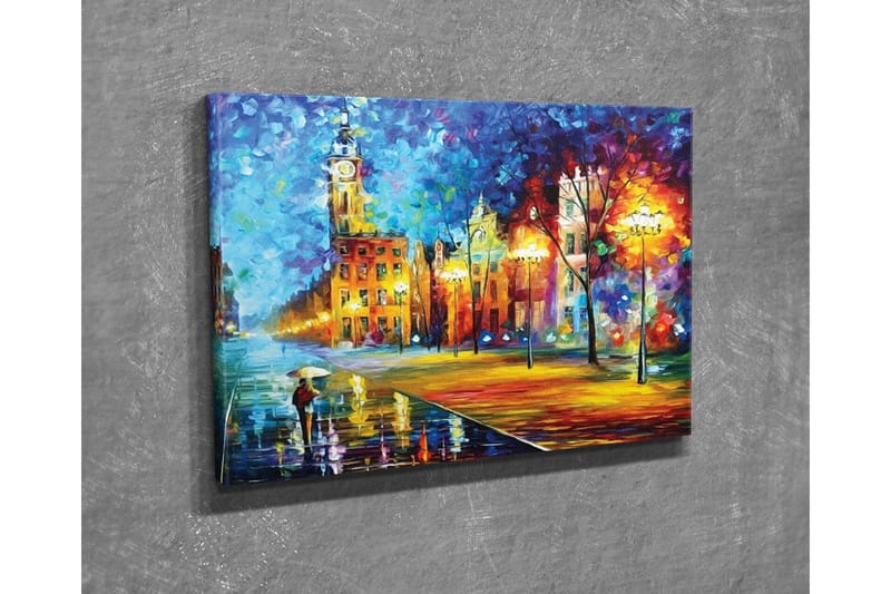Lærredsbillede - Regnfuldt bybillede med en person, der bærer en paraply - Blå / Orange / Gul - Boligtilbehør - Billeder & kunst - Billeder på lærred