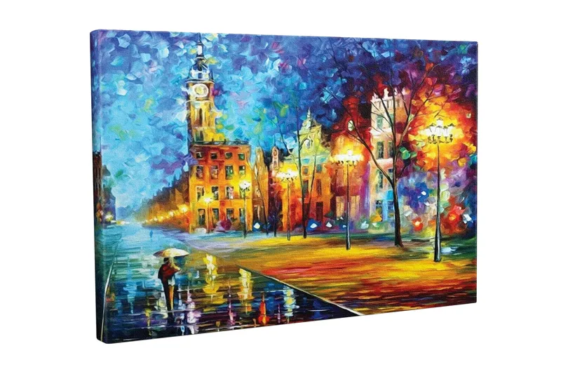 Lærredsbillede - Regnfuldt bybillede med en person, der bærer en paraply, Blå / Orange / Gul