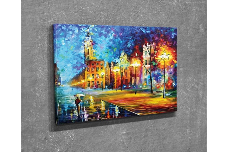 Lærredsbillede - Regnfuldt bybillede med en person, der bærer en paraply - Blå / Orange / Gul - Boligtilbehør - Billeder & kunst - Billeder på lærred