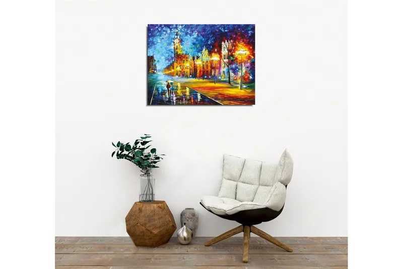 Lærredsbillede - Regnfuldt bybillede med en person, der bærer en paraply - Blå / Orange / Gul - Boligtilbehør - Billeder & kunst - Billeder på lærred