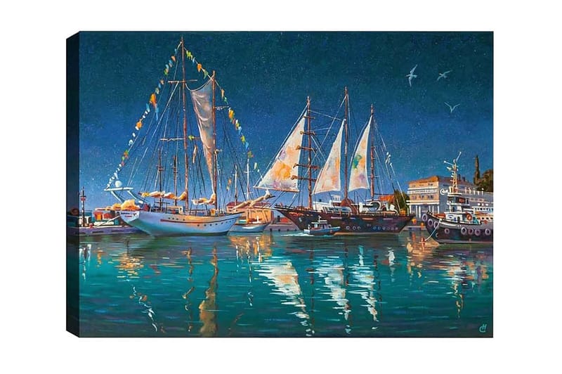 Lærredsbillede - Sejlbåde i en havn under en stjerneklar himmel, Mørkeblå / Turkis / Hvid