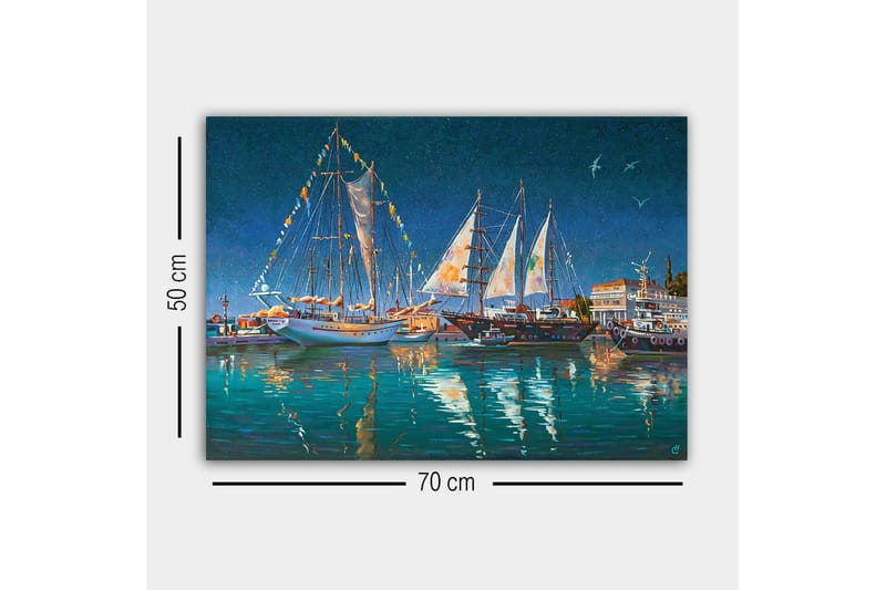 Lærredsbillede - Sejlbåde i en havn under en stjerneklar himmel - Mørkeblå / Turkis / Hvid - Boligtilbehør - Billeder & kunst - Billeder på lærred
