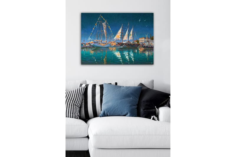 Lærredsbillede - Sejlbåde i en havn under en stjerneklar himmel - Mørkeblå / Turkis / Hvid - Boligtilbehør - Billeder & kunst - Billeder på lærred