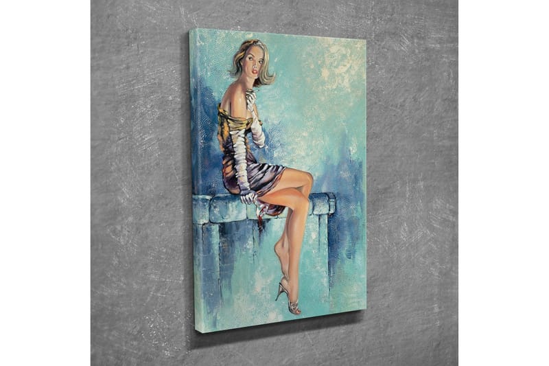 Lærredsbillede - Siddende kvinde i elegant kjole med en forførende positur - Blå / Beige / Brun - Boligtilbehør - Billeder & kunst - Billeder på lærred