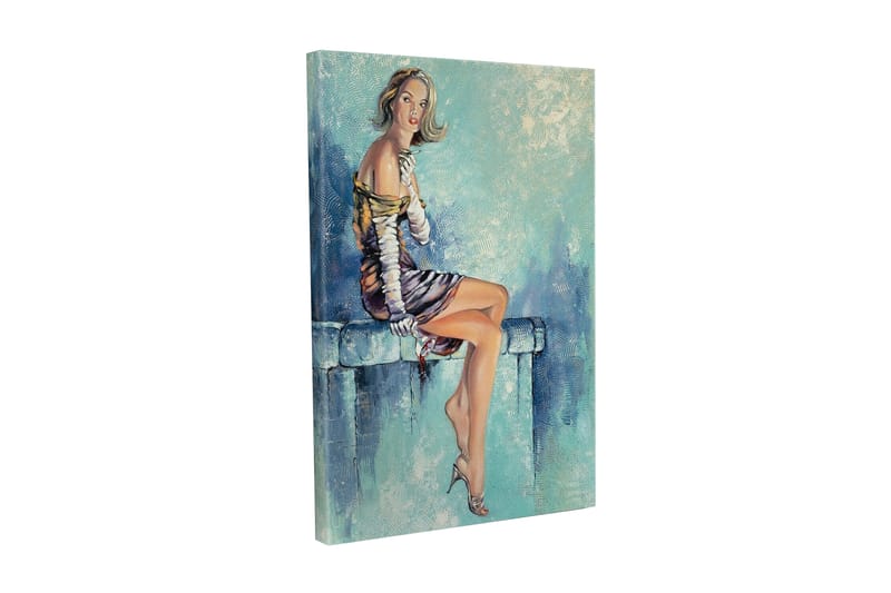 Lærredsbillede - Siddende kvinde i elegant kjole med en forførende positur, Blå / Beige / Brun