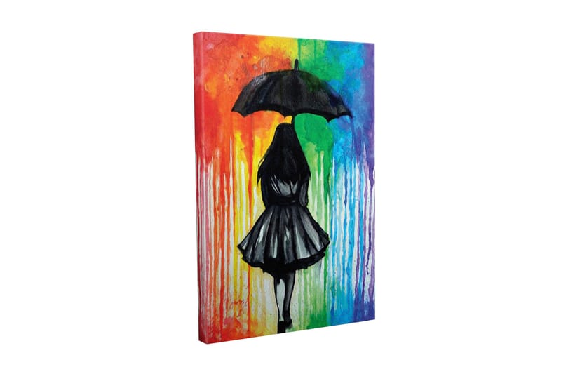 Lærredsbillede - Silhuet af en kvinde med en paraply mod en farverig baggrund, Sort / Rød / Grøn
